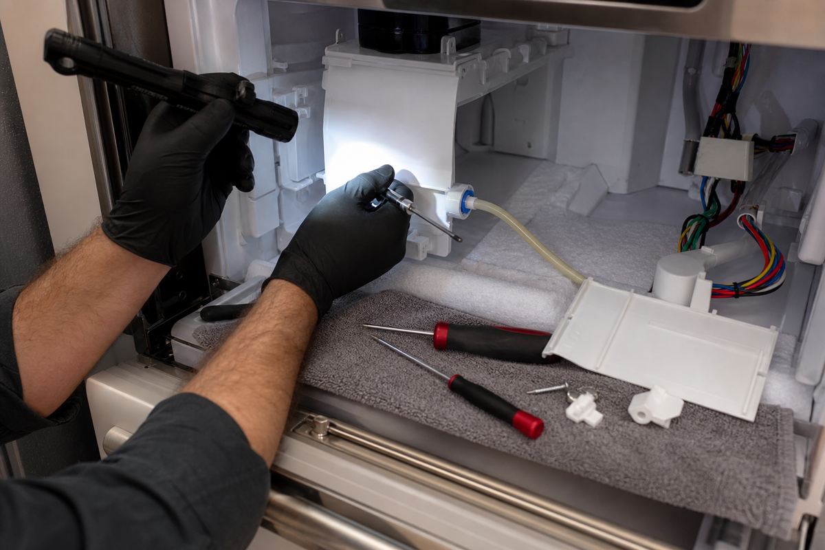 Technician inspecting ice maker fill tube and water line inside a built-in freezer